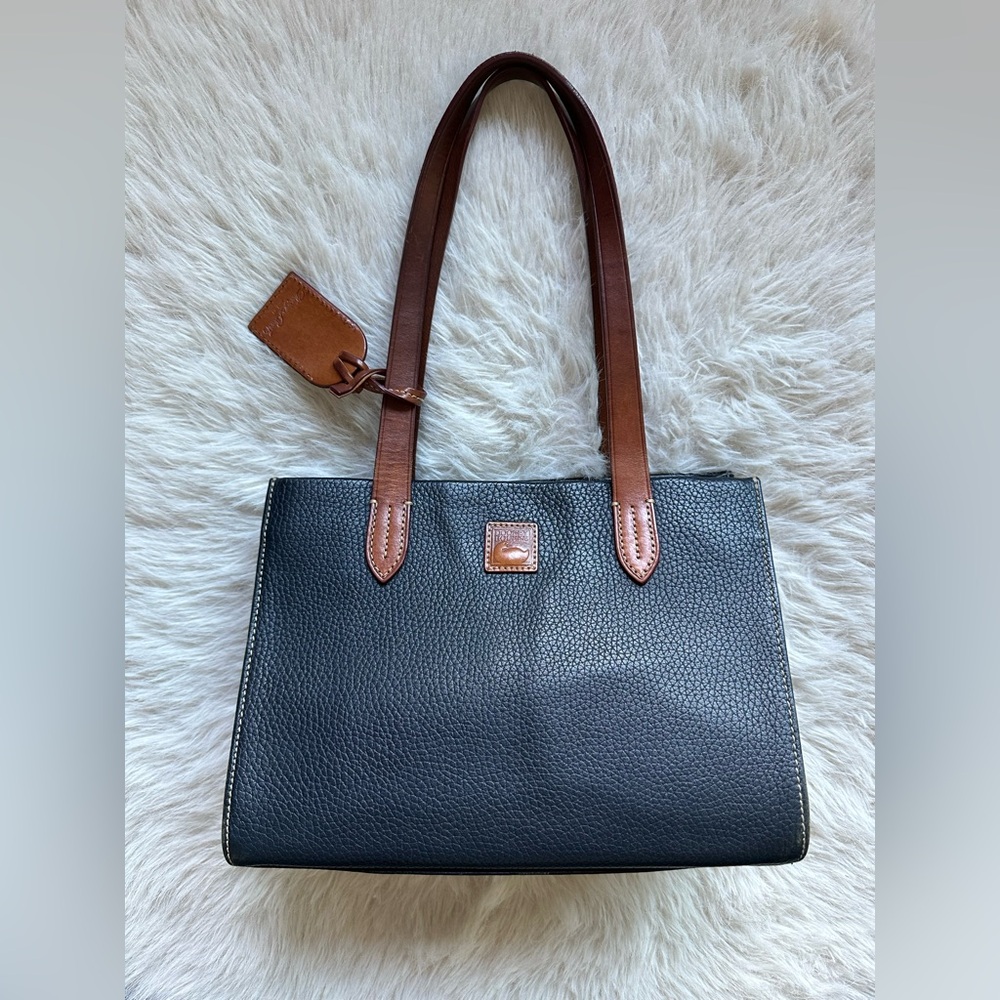 Dooney & Bourke dark navy almost Black and Tan leather Tote Bag
